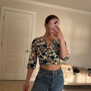Zara Floral Cropped Top in Ivory with Blue & Mustard